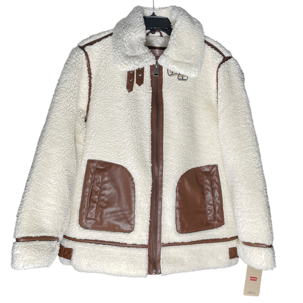 Levi's Faux Sherpa Moto Coat Jacket Women's size 1X white brown quilted NWT $290 - Picture 2 of 9